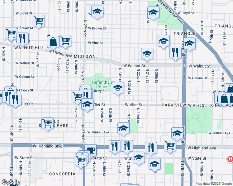 map of restaurants, bars, coffee shops, grocery stores, and more near 1453 North 24th Street in Milwaukee
