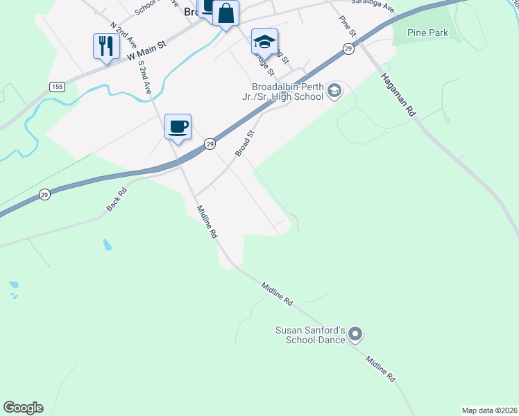 map of restaurants, bars, coffee shops, grocery stores, and more near 135 Hilltop Road in Broadalbin