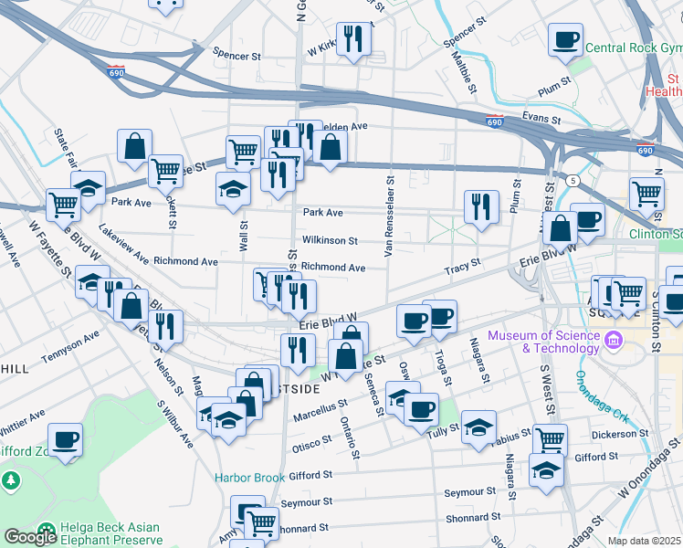 map of restaurants, bars, coffee shops, grocery stores, and more near 167 Richmond Avenue in Syracuse