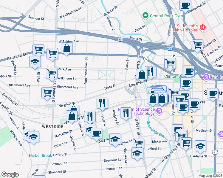 map of restaurants, bars, coffee shops, grocery stores, and more near 538 Erie Boulevard West in Syracuse