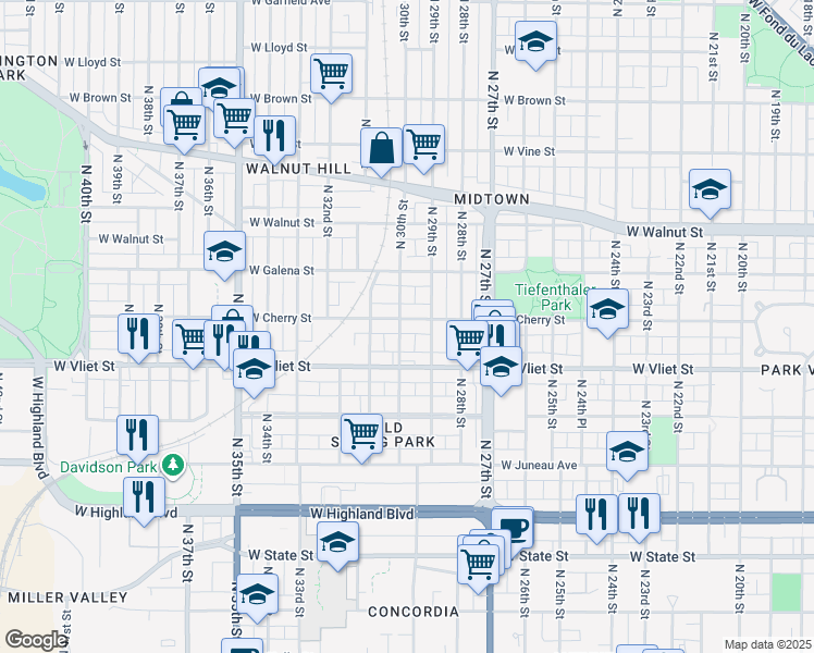 map of restaurants, bars, coffee shops, grocery stores, and more near 2929 West Cherry Street in Milwaukee