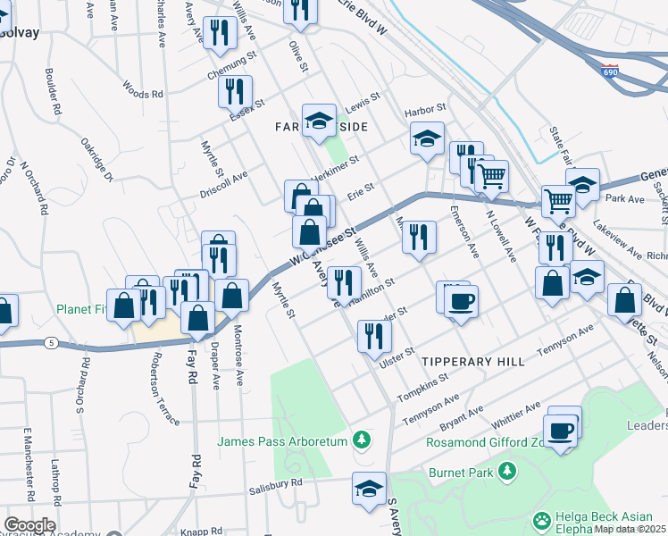map of restaurants, bars, coffee shops, grocery stores, and more near 320 Cayuga Street in Syracuse