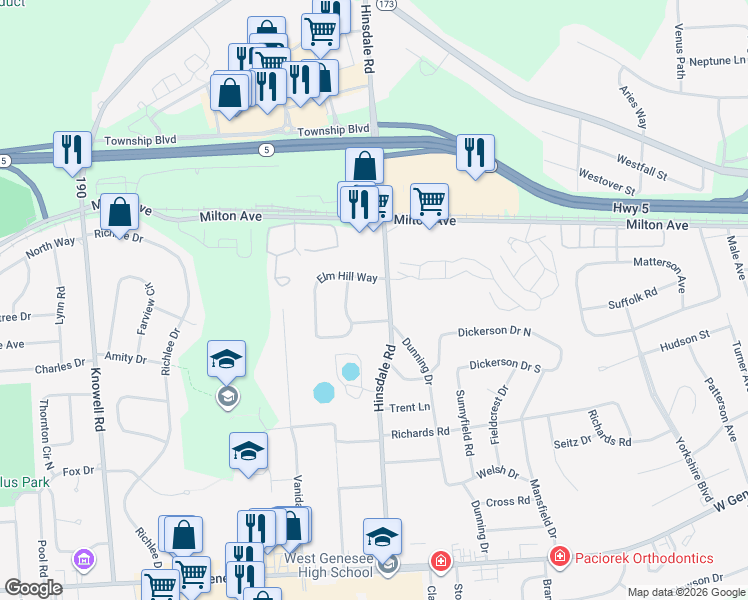 map of restaurants, bars, coffee shops, grocery stores, and more near 411 Hinsdale Rd in Camillus