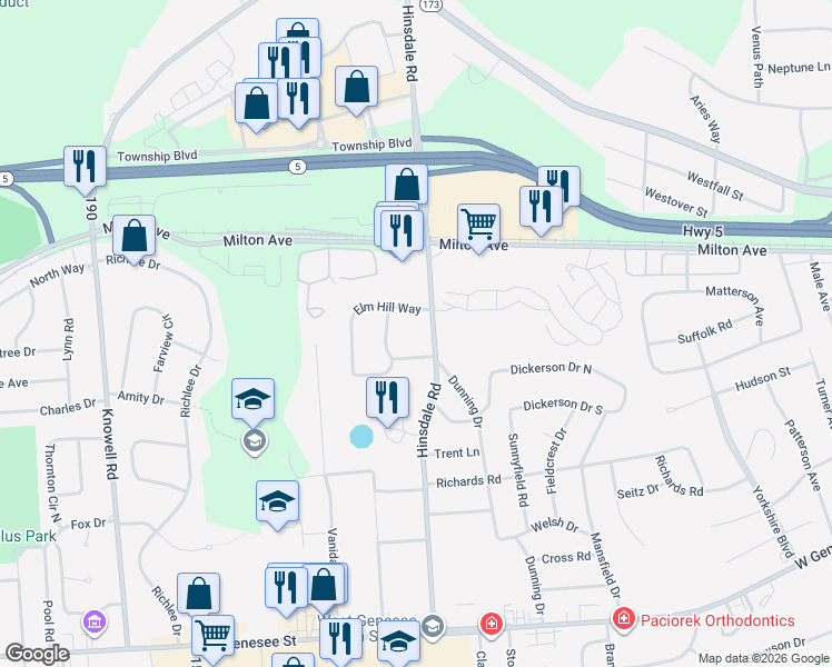 map of restaurants, bars, coffee shops, grocery stores, and more near 411 Hinsdale Road in Camillus