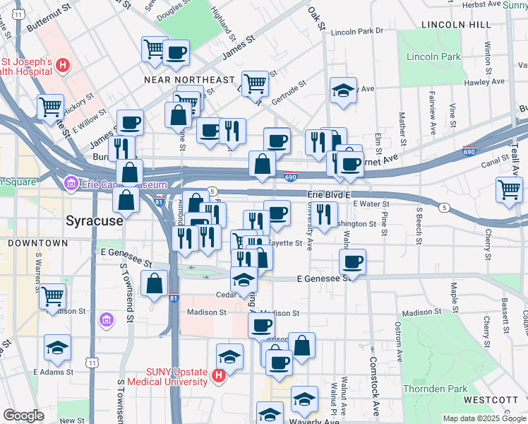 map of restaurants, bars, coffee shops, grocery stores, and more near 870 East Water Street in Syracuse