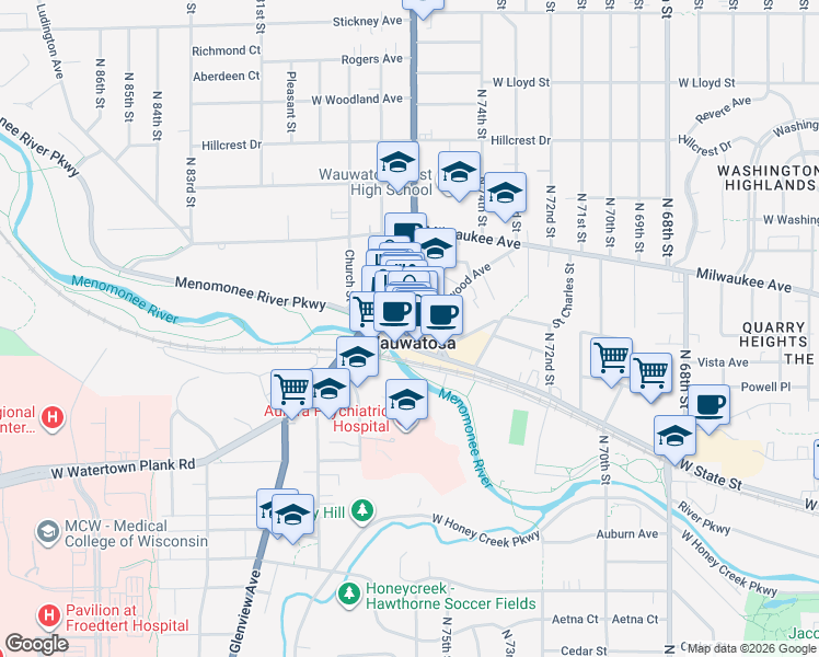 map of restaurants, bars, coffee shops, grocery stores, and more near in Wauwatosa