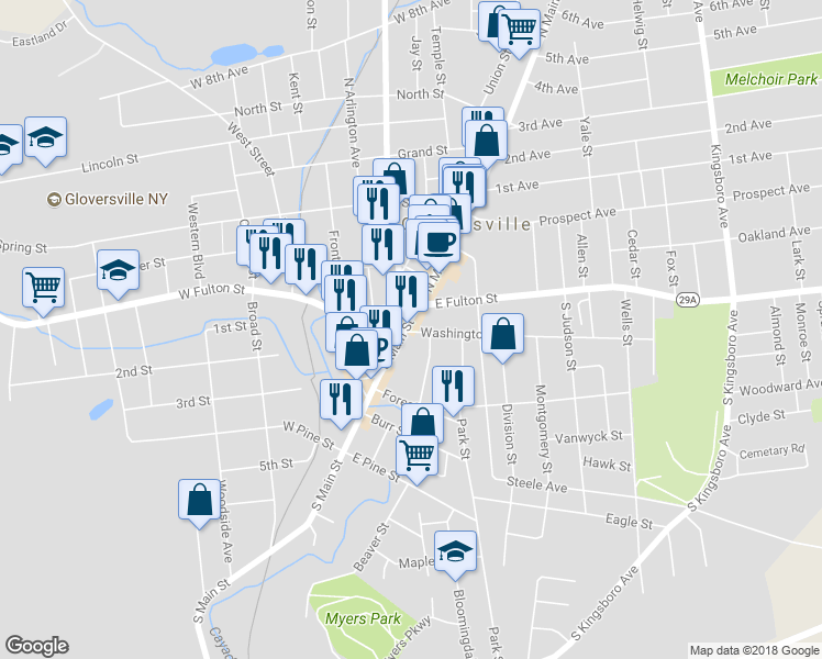 map of restaurants, bars, coffee shops, grocery stores, and more near 25 South Main Street in Gloversville