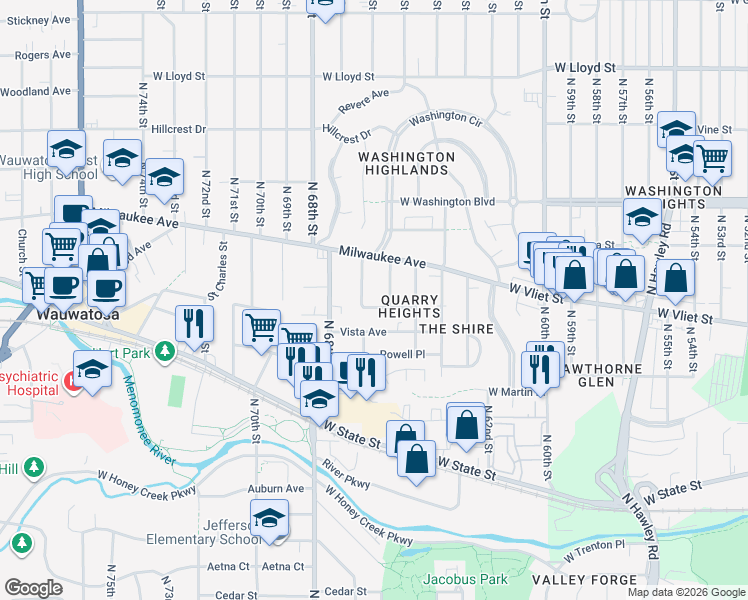 map of restaurants, bars, coffee shops, grocery stores, and more near 1419 North 66th Street in Wauwatosa