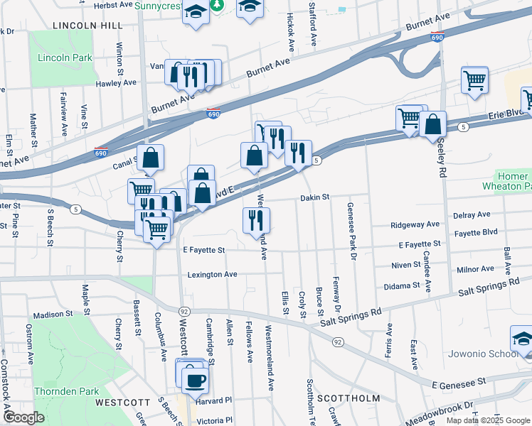 map of restaurants, bars, coffee shops, grocery stores, and more near 201 Westmoreland Avenue in Syracuse