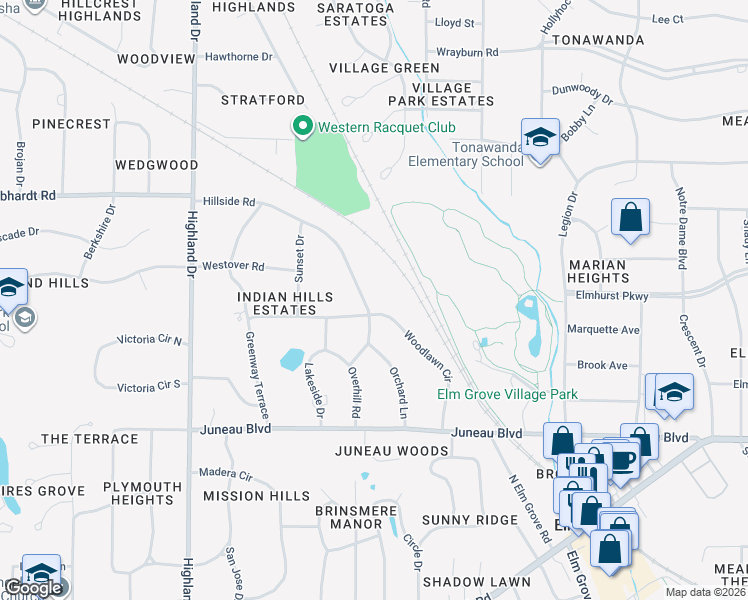 map of restaurants, bars, coffee shops, grocery stores, and more near 1460 Woodlawn Circle in Elm Grove