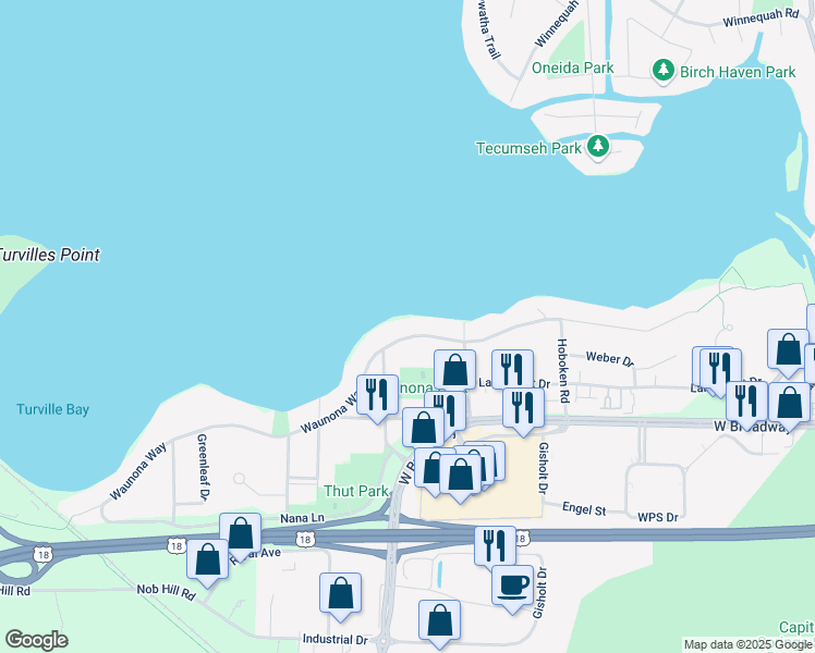 map of restaurants, bars, coffee shops, grocery stores, and more near 2512 Waunona Way in Madison