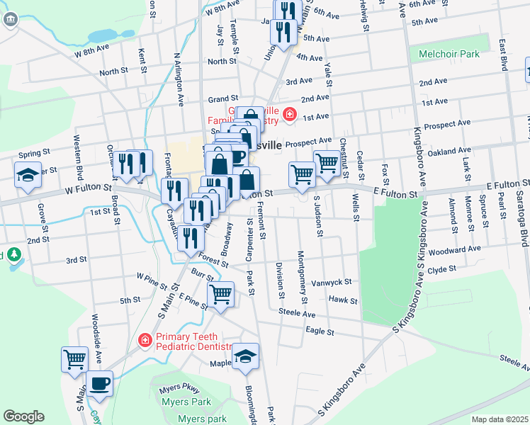 map of restaurants, bars, coffee shops, grocery stores, and more near 59 Washington St in Gloversville