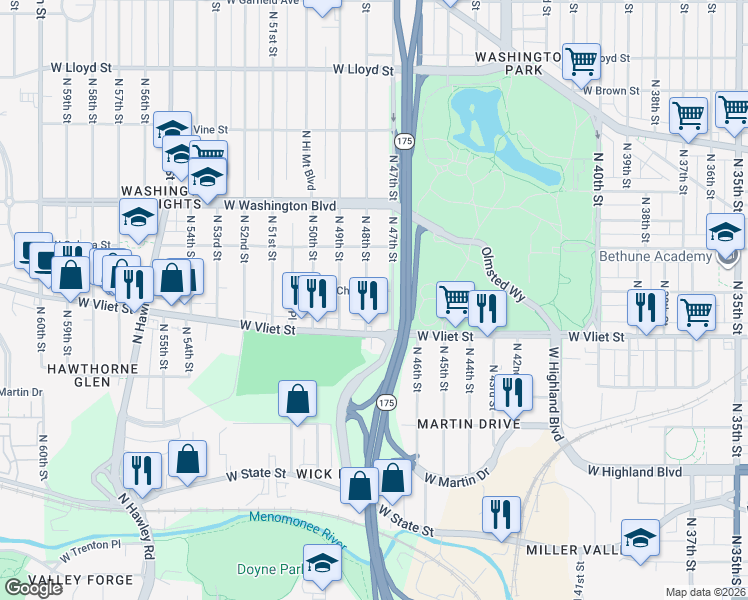 map of restaurants, bars, coffee shops, grocery stores, and more near 1454 North 48th Street in Milwaukee