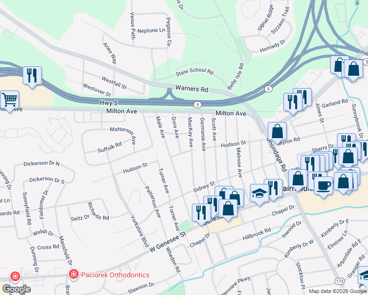 map of restaurants, bars, coffee shops, grocery stores, and more near 301 Mackay Avenue in Syracuse