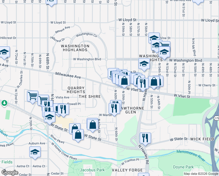 map of restaurants, bars, coffee shops, grocery stores, and more near 6027 West Vliet Street in Wauwatosa