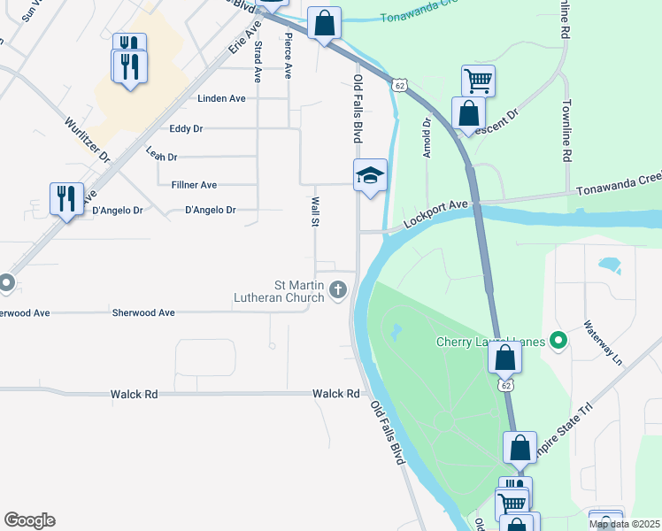 map of restaurants, bars, coffee shops, grocery stores, and more near 32 Louisa Street in North Tonawanda