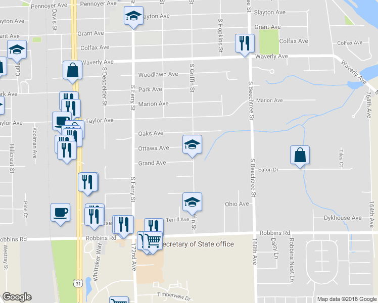 map of restaurants, bars, coffee shops, grocery stores, and more near 1209 South Griffin Street in Grand Haven