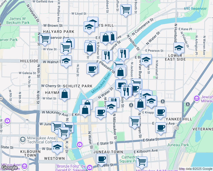 map of restaurants, bars, coffee shops, grocery stores, and more near 1512 North Edison Street in Milwaukee