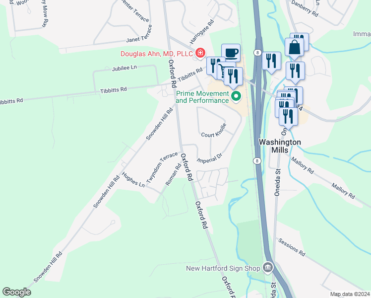 map of restaurants, bars, coffee shops, grocery stores, and more near 231 Oxford Road in New Hartford