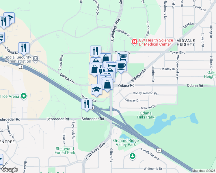 map of restaurants, bars, coffee shops, grocery stores, and more near 698 S Whitney Way in Madison