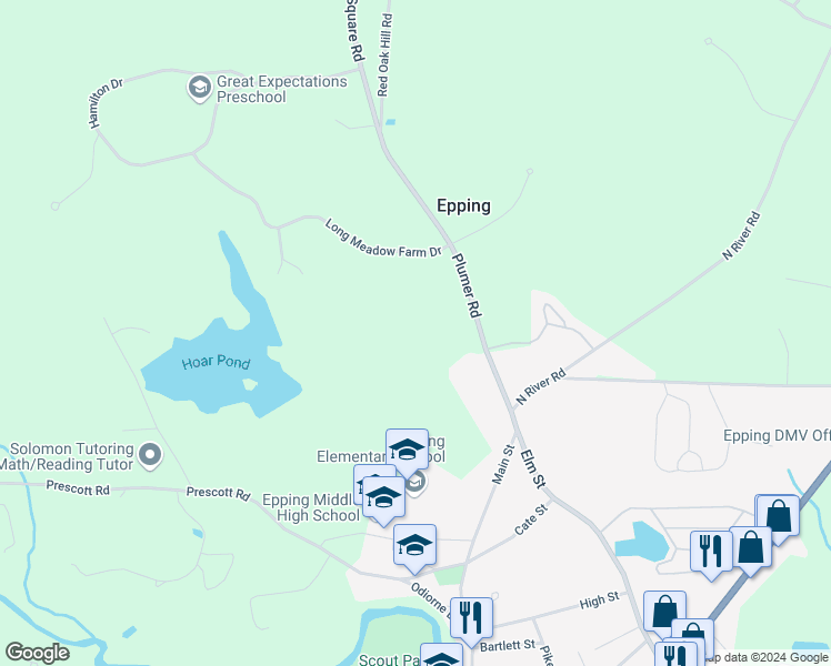 map of restaurants, bars, coffee shops, grocery stores, and more near Long Meadow Farm Dr in Epping
