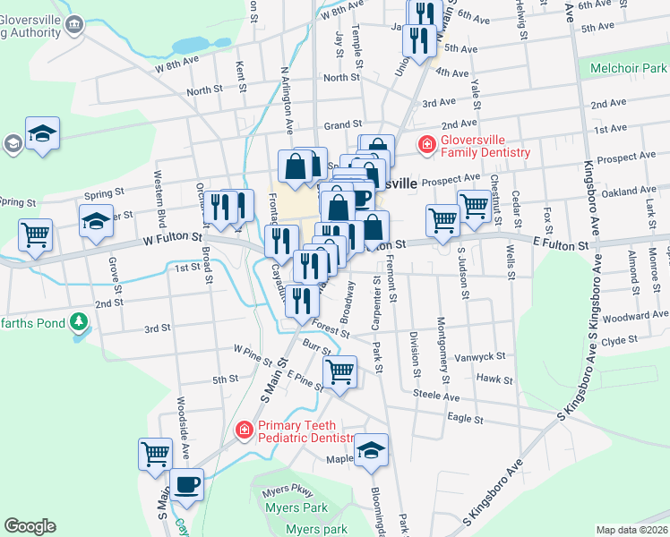 map of restaurants, bars, coffee shops, grocery stores, and more near 18 South Main Street in Gloversville
