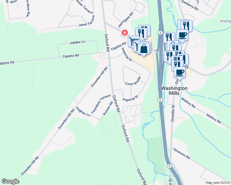 map of restaurants, bars, coffee shops, grocery stores, and more near 2 Imperial Drive in New Hartford