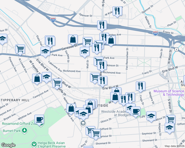 map of restaurants, bars, coffee shops, grocery stores, and more near 315 Richmond Avenue in Syracuse