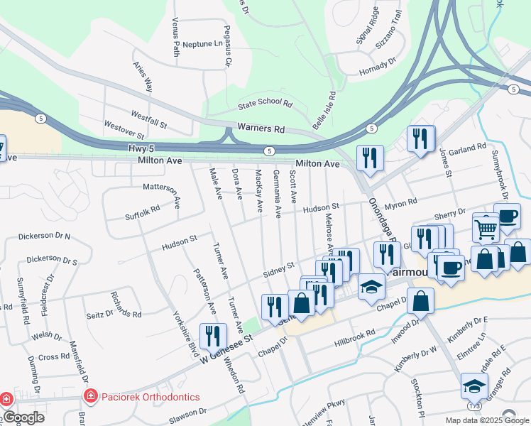 map of restaurants, bars, coffee shops, grocery stores, and more near 301 Mackay Avenue in Syracuse