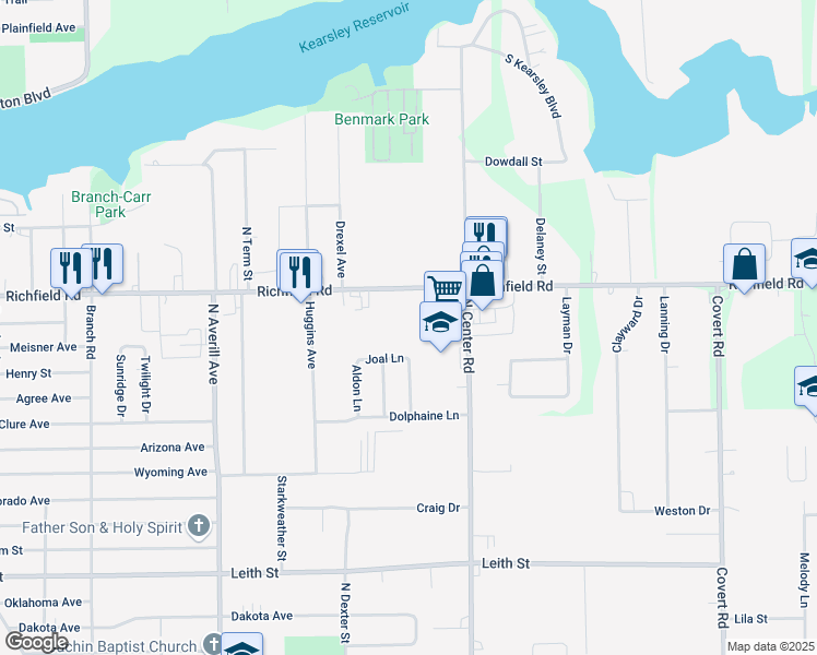 map of restaurants, bars, coffee shops, grocery stores, and more near 3800 Richfield Road in Flint