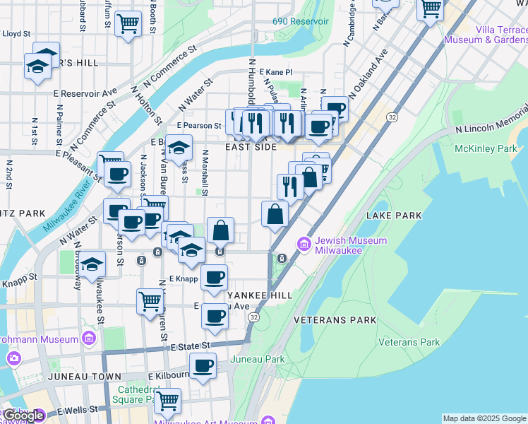 map of restaurants, bars, coffee shops, grocery stores, and more near 1517 North Franklin Place in Milwaukee