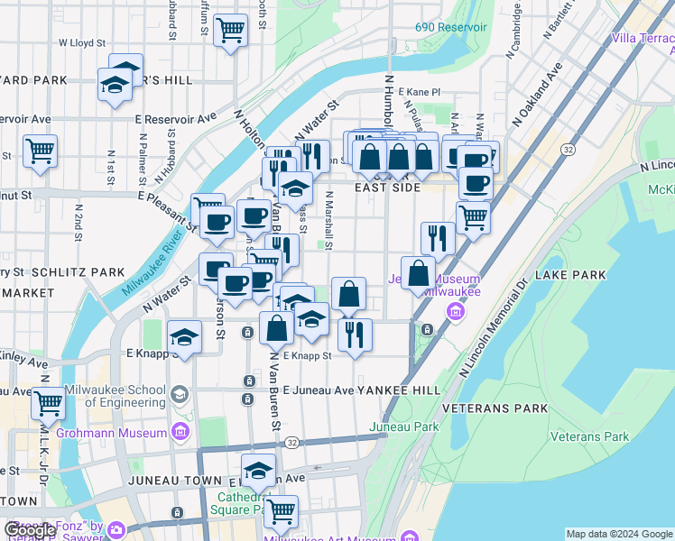 map of restaurants, bars, coffee shops, grocery stores, and more near 1527 North Astor Street in Milwaukee