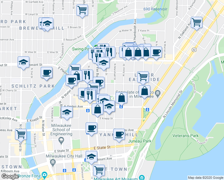 map of restaurants, bars, coffee shops, grocery stores, and more near 1527 North Marshall Street in Milwaukee