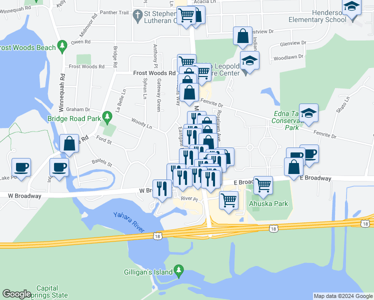 map of restaurants, bars, coffee shops, grocery stores, and more near 6300 Eastgate Road in Monona