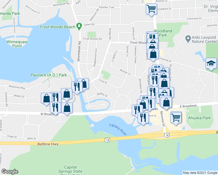map of restaurants, bars, coffee shops, grocery stores, and more near 6311 Ford Street in Monona