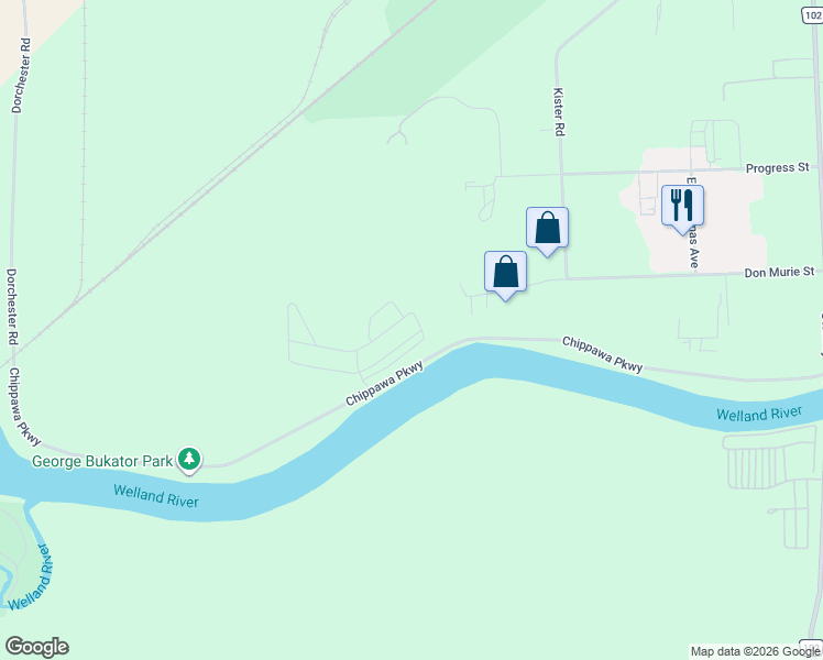 map of restaurants, bars, coffee shops, grocery stores, and more near 6505 Alexa Common in Niagara Falls
