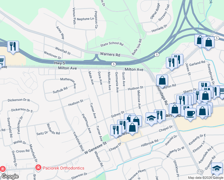 map of restaurants, bars, coffee shops, grocery stores, and more near 301 Mackay Avenue in Syracuse
