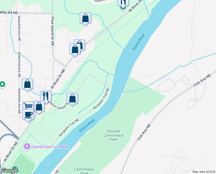 map of restaurants, bars, coffee shops, grocery stores, and more near 4783 Abrigador Trail Northeast in Comstock Park