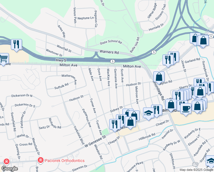 map of restaurants, bars, coffee shops, grocery stores, and more near 301 Mackay Avenue in Syracuse