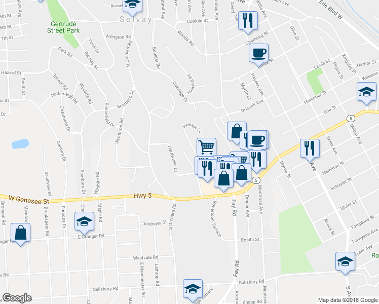 map of restaurants, bars, coffee shops, grocery stores, and more near 21 Heritage Circle in Syracuse