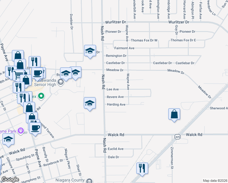 map of restaurants, bars, coffee shops, grocery stores, and more near 753 Lee Avenue in North Tonawanda
