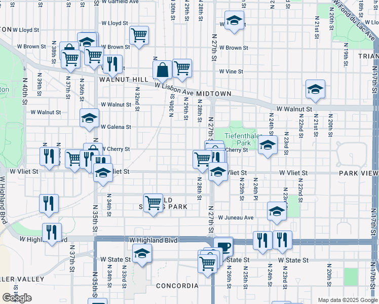 map of restaurants, bars, coffee shops, grocery stores, and more near 1456-1458 North 29th Street in Milwaukee