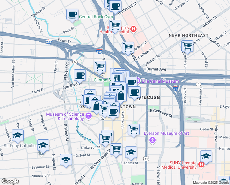 map of restaurants, bars, coffee shops, grocery stores, and more near 121 South Salina Street in Syracuse