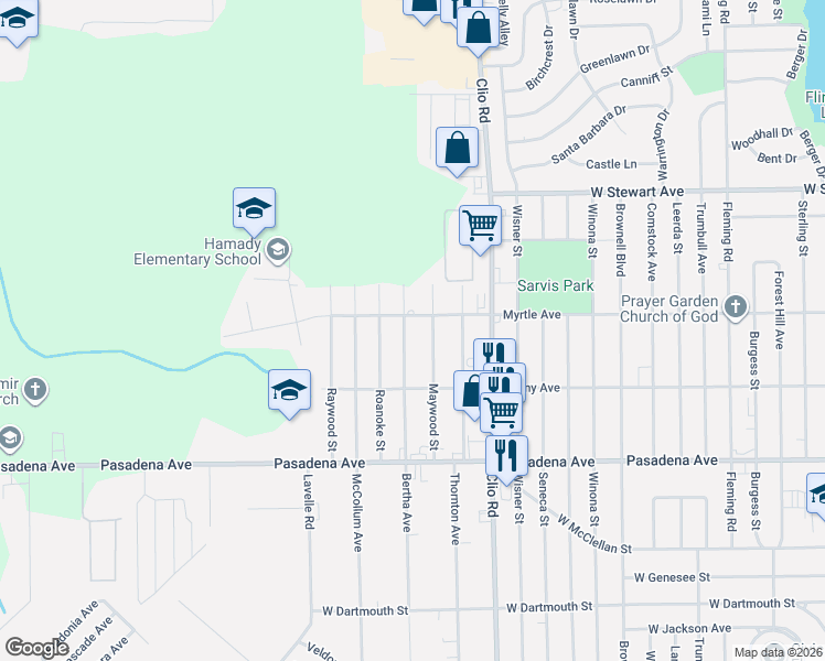 map of restaurants, bars, coffee shops, grocery stores, and more near 3138 Bertha Ave in Flint