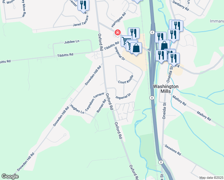 map of restaurants, bars, coffee shops, grocery stores, and more near 2 Imperial Drive in New Hartford