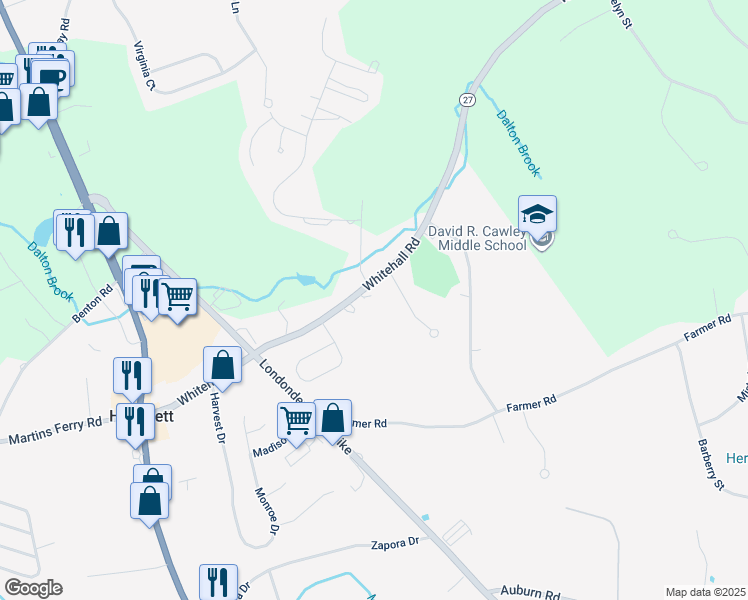 map of restaurants, bars, coffee shops, grocery stores, and more near 63 Whitehall Road in Hooksett