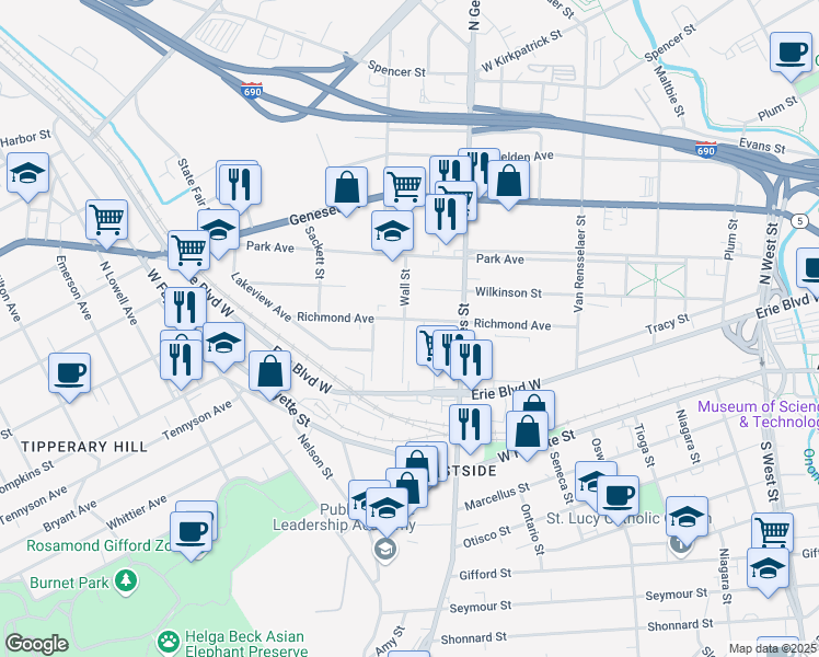 map of restaurants, bars, coffee shops, grocery stores, and more near 134 Wall Street in Syracuse