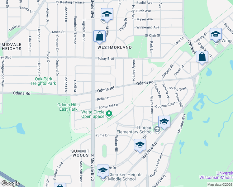 map of restaurants, bars, coffee shops, grocery stores, and more near 4214 Rolla Lane in Madison