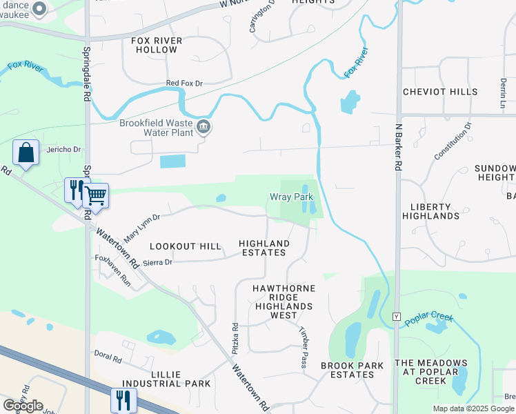 map of restaurants, bars, coffee shops, grocery stores, and more near 1470 Jaclyn Drive in Brookfield