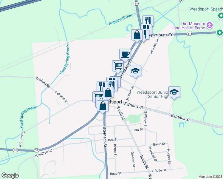 map of restaurants, bars, coffee shops, grocery stores, and more near 8929 North Seneca Street in Weedsport